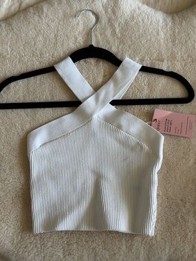 Quince White Ribbed Crisscross Halter Crop Top